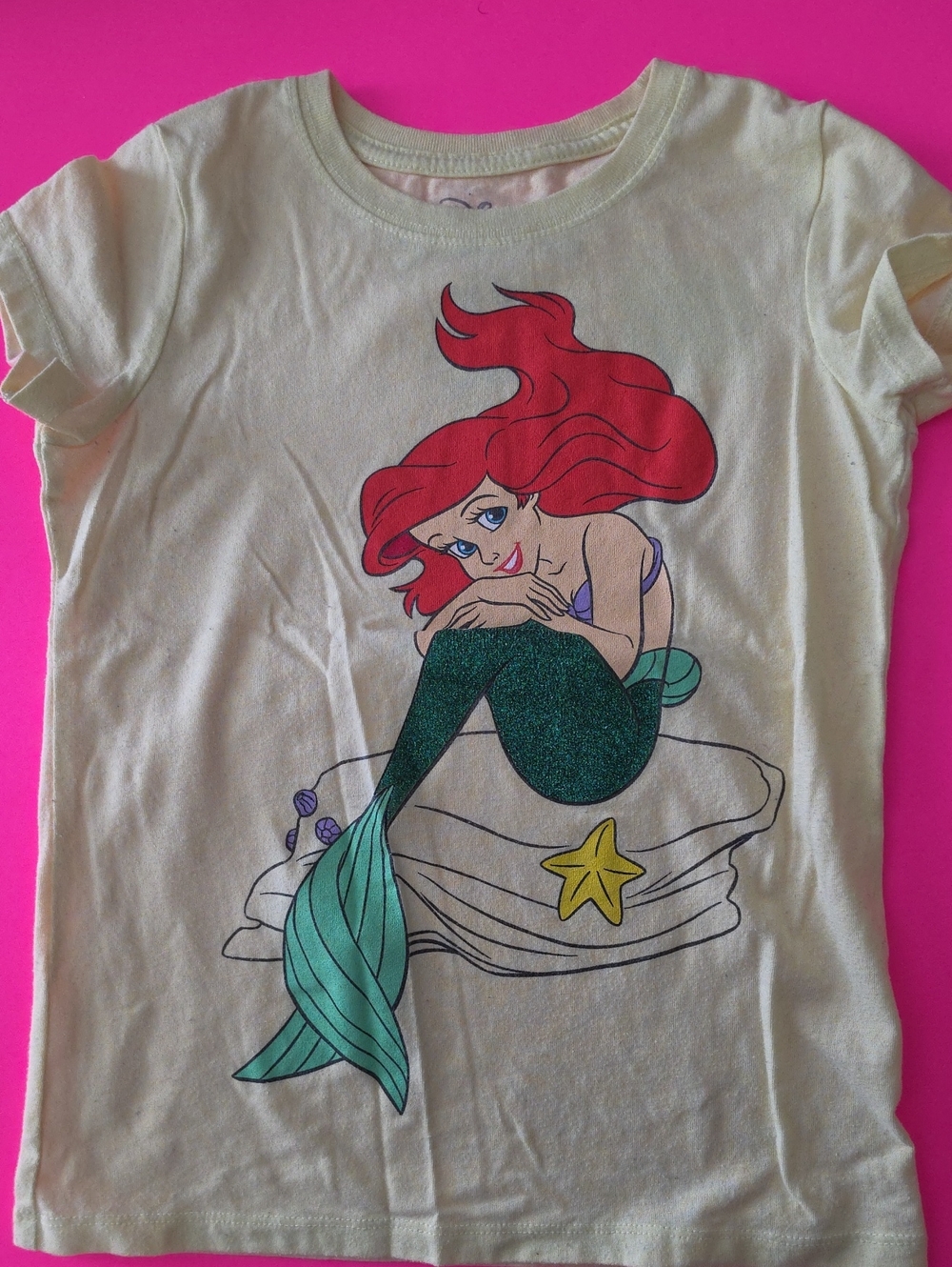 Disney Girls Cream Tee with Ariel Graphic and Red Hair